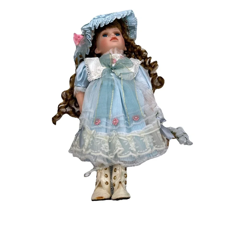 Cathay Collection Porcelain‎ Doll Blue Dress Curly Hair With Box Collectible